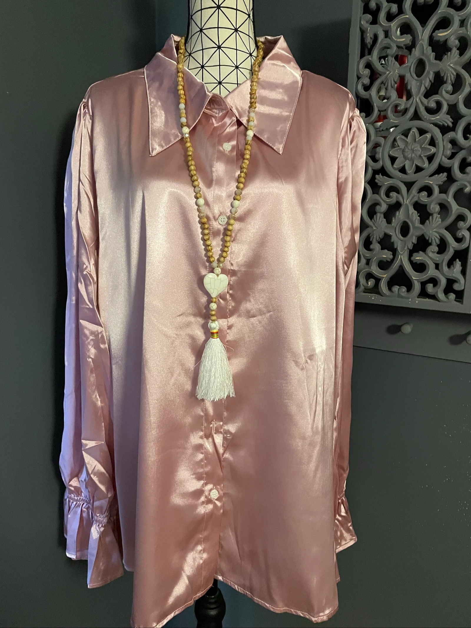 💖 blusa túnica de cetim rosa antigo plus size 58 mangas com babados 💖 – photo 5